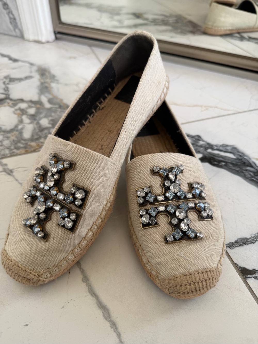 Tory Burch Crystal-Embellished Beige Canvas Espadrilles